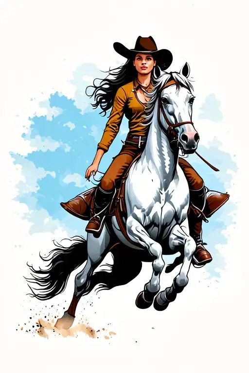 Vintage Western Faceless Cowgirl With Long Dark Hair Riding A Horse Jumping