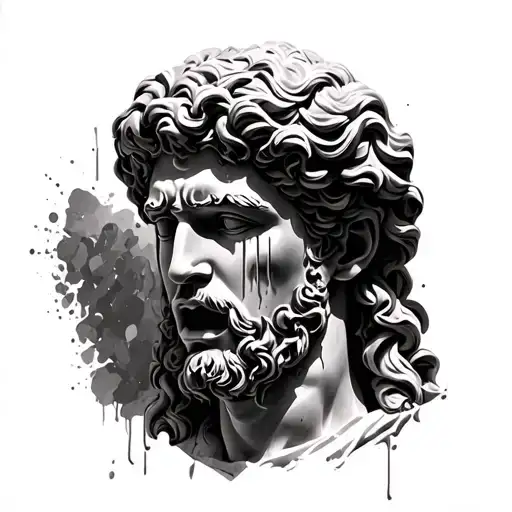 Greek Ruin Statue Crying Or With Tears In Black Tattoo Background
