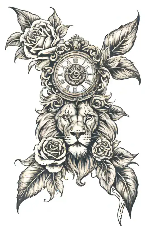 Lion Face With Old Style Clock & A Rose