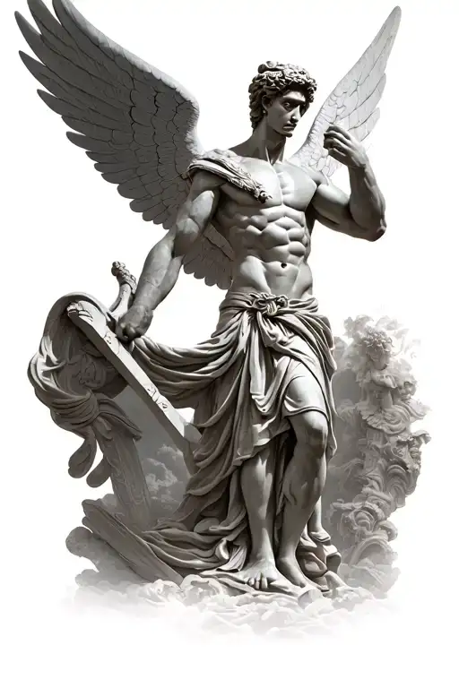 Muscle Greek Statue Warrior With Wings Spread And Realistic Eye In