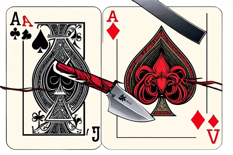 Black Widow Stabbed With A Knife On A Royal Flush Poker Deck