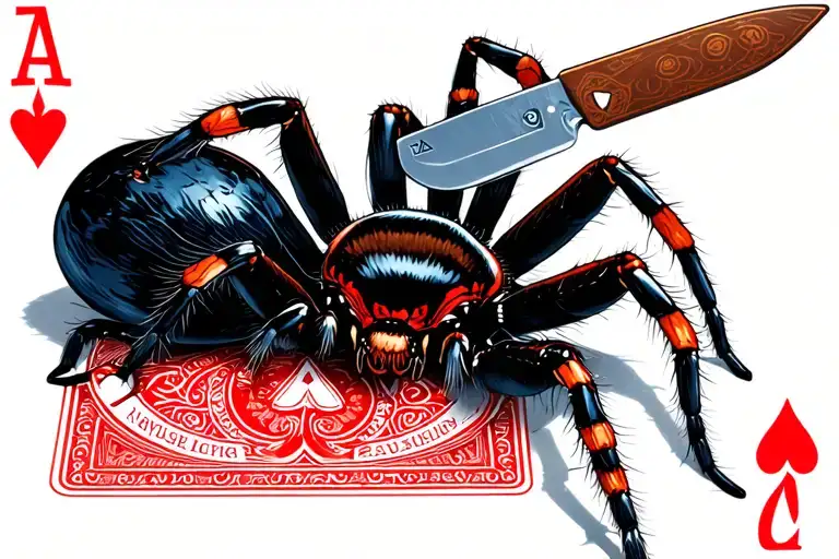Black Widow Spider Stabbed With A Knife On A Royal Flush Poker Deck