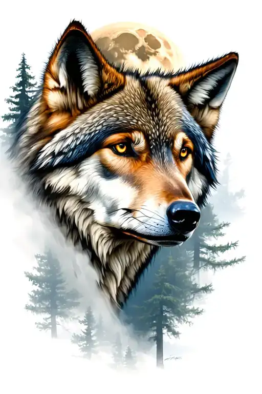 Photorealistic Wolf And Full Moon In The Woods Surrounded