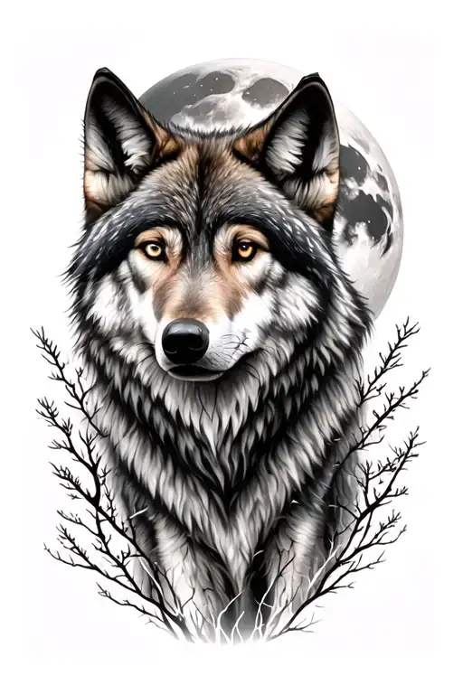 Photorealistic Wolf And Full Moon In The Woods Surrounded Black And Grey