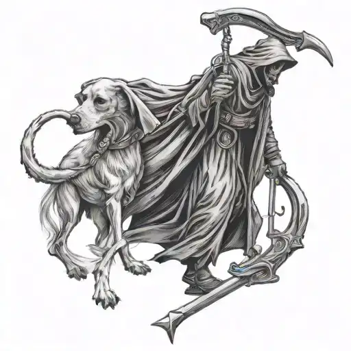 Grim Reaper Holding A Scythe Walking A Dog Wearing