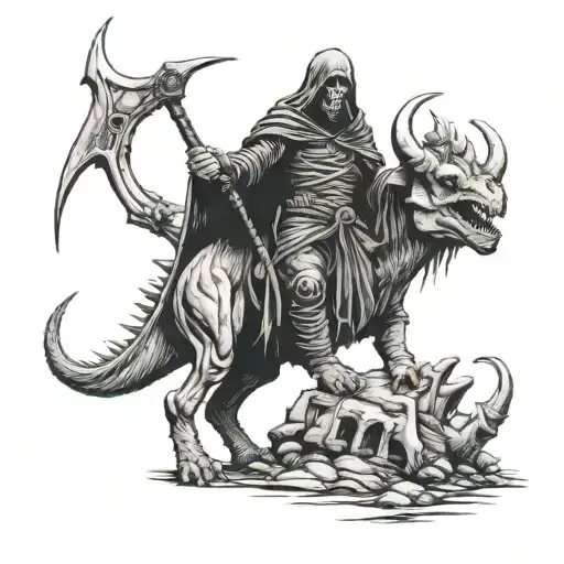 Grim Reaper Holding A Scythe Riding A Triceratops