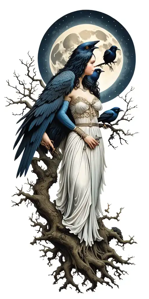 The Morrigan Irish Goddess With Crows An Old Oak Tree Growing And Bright Moonlight