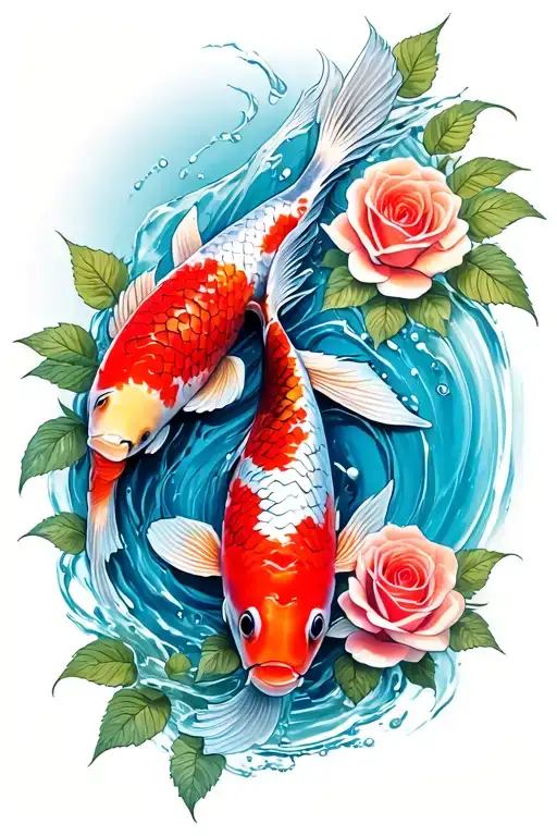 Koi Fish Swimming With Roses Blooming