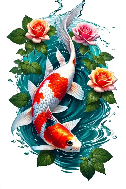 Koi Fish Swimming Up Stream With Roses Blooming