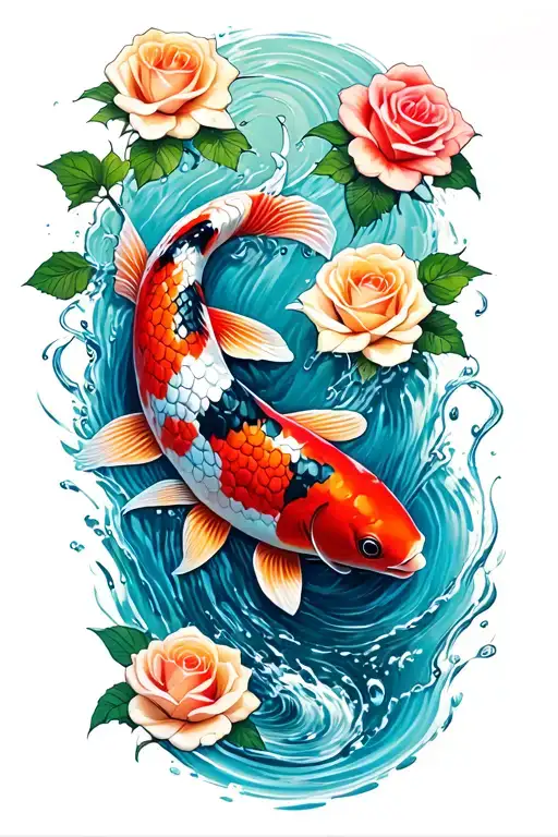 Koi Fish Swimming Up Stream With Roses Blooming