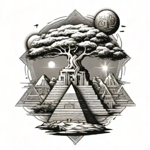 Abstract Tree Turning Into Pyramid With Nefertiti And Hieroglyphs