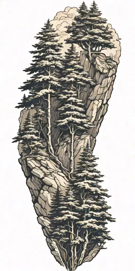 Detailed Pine Trees On Top Of A Mountain