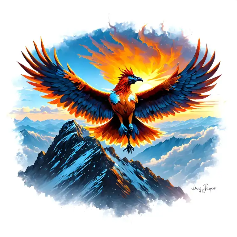 A Phoenix Flying At A Top Of A Mountain In Sunset Sky