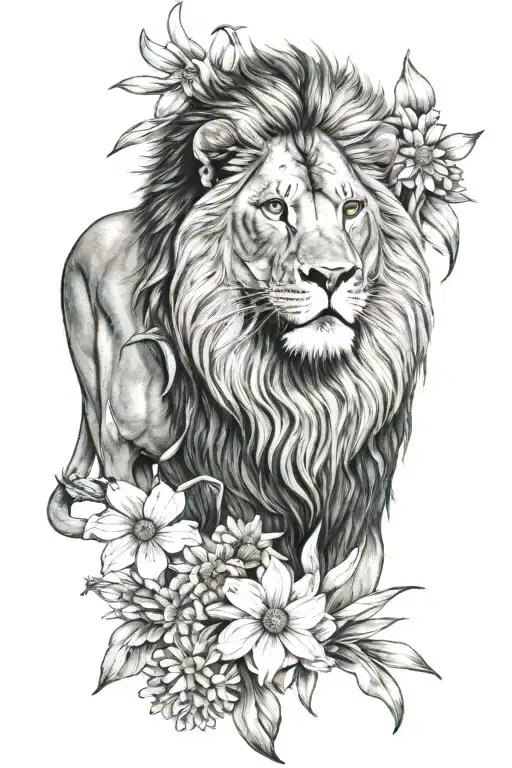 Lion With Narcissus And Daisy Flowers
