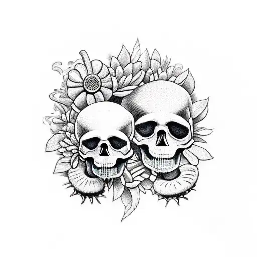 Skull With Flowers And Mushrooms Coming Out Of The Inside