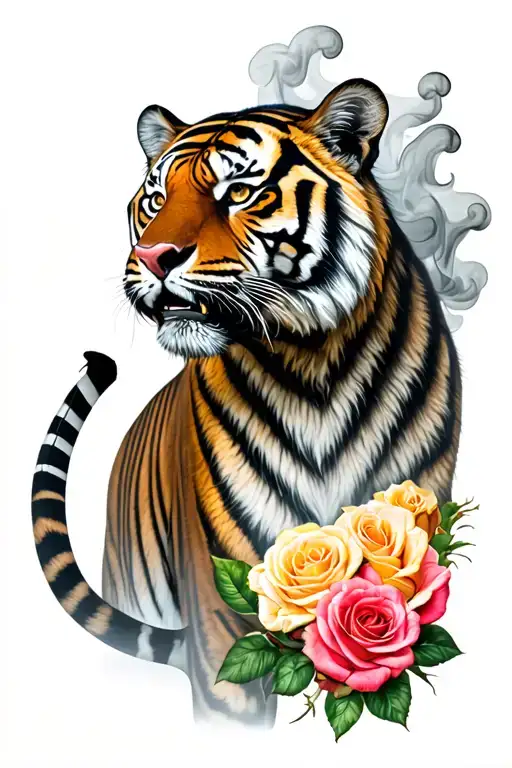 A Lots Of Roses And A Tiger Standing Tall And Smoke Coming