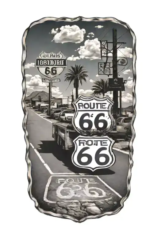 Route 66 Sign Road Leading Truck Parked