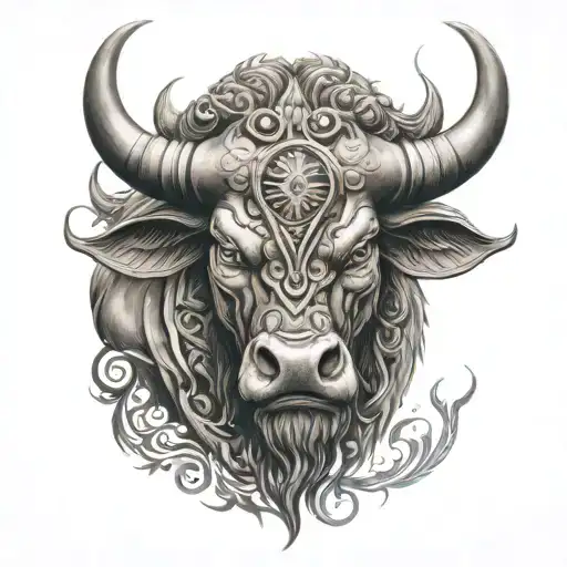 Biomechanical Polynesian Mythical Bull Tattoo Fierce Look Facing Front