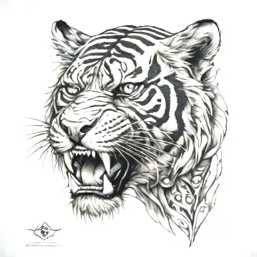 Biomechanical Polynesian Mythical Tiger Tattoo Feral Look Facing Front