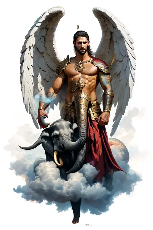 Male Warriot Angel With An Elephant In The Clouds
