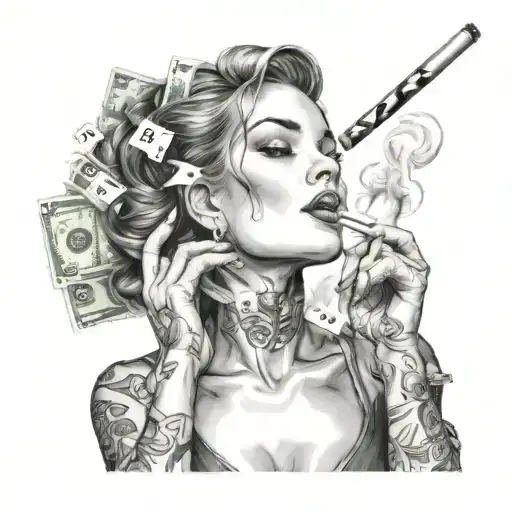 Beautiful Woman Smoking Cigarette From Money