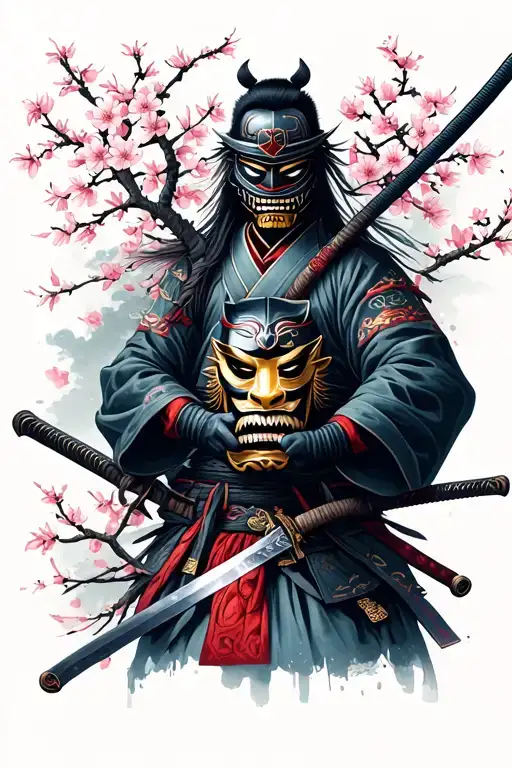 Samurai Holding Oni Mask And Katana And Sakura Blossom