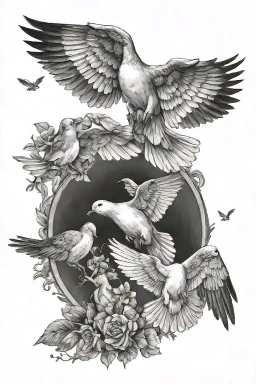 Doves Fly Over Parents And Children Holding Hands