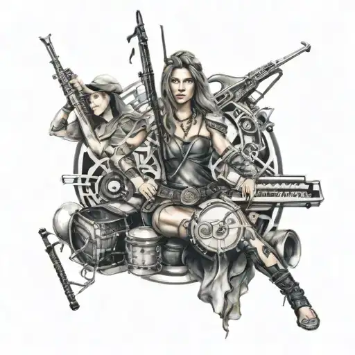 Create A Tattoo Featuring A Powerful Female Warrior Surrounded By Musical Instruments