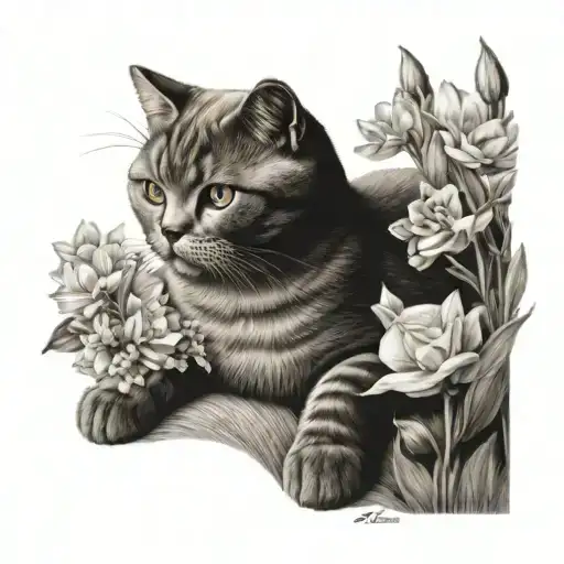 British Shorthair Cat With Flowers And Two Paw Prints