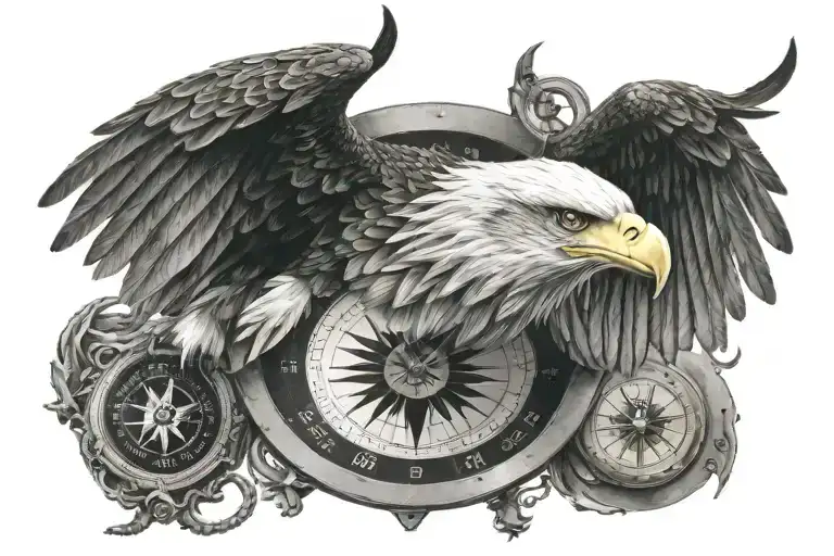 Aggressive Eagle Flying Head On Holding A Compass Rose