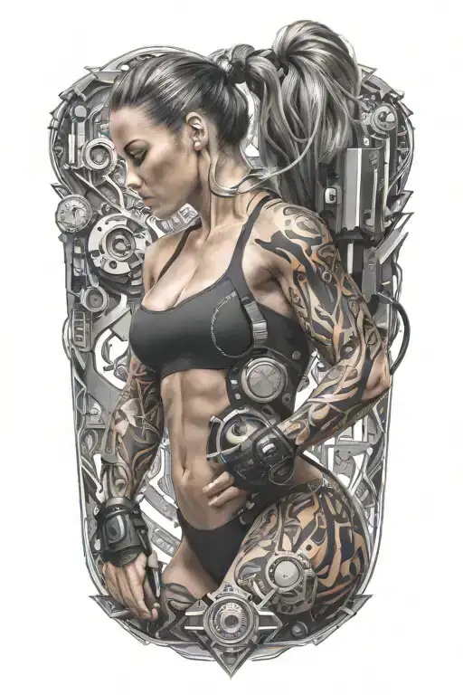 Fitness Bodybuilder Women With Technology Merging Together