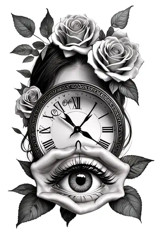 Beautiful Female Face With Roses And A Illuminati Eye Clock And Money