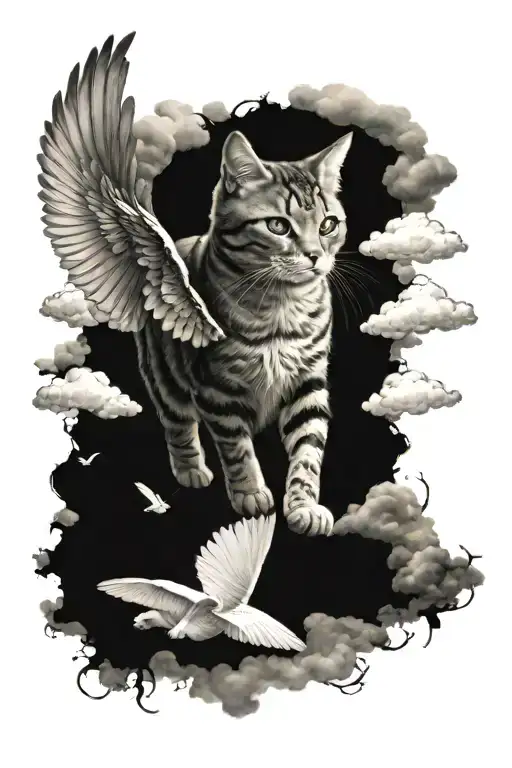 Cat With Wings Walking On The Rainbow Bridge Towards The Clouds