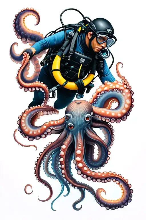 A Realistic Depiction Of A Scuba Diver Encountering A Mythical Sea Octopus In The Deep Ocean Depths