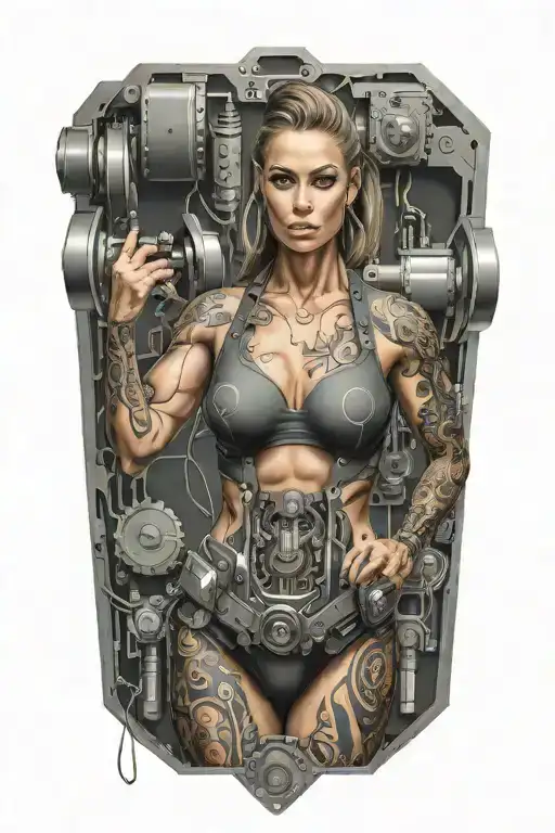 Technology Circuits With Bodybuilding Muscled Women Merging