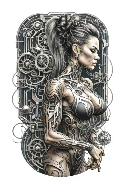 Bodybuilding Muscled Body Women With Technology Circuits Merging