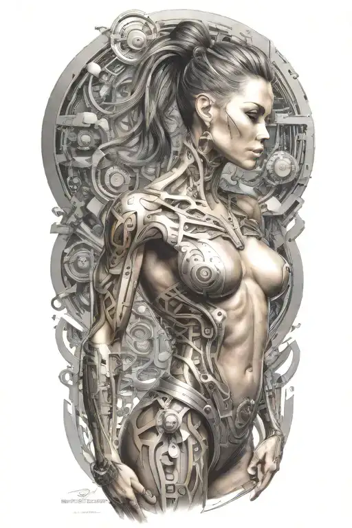 Bodybuilding Muscled Body Girl With Technology Circuits Merging