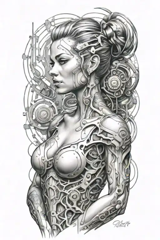 Bodybuilding Body Girl With Big Shoulders With Technology Circuits Merging