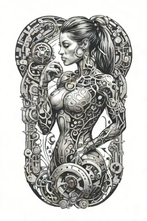 Fitness Bodybuilder Women With Technology Circuits Merging