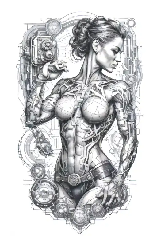 Fitness Bodybuilder Women Posing With Technology Circuits Merging