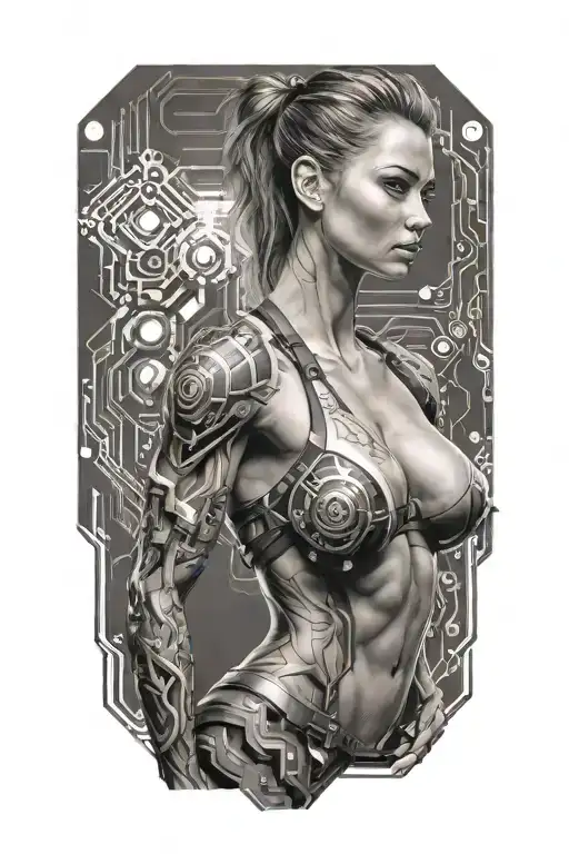 Fitness Bodybuilder Women Posing With Technology Circuits Merging