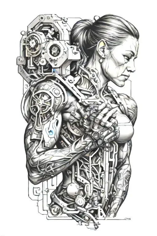 Combine Bodybuilding Women Flexing Bicep With Technology Circuits