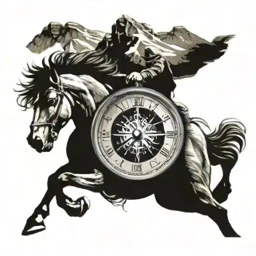 Galloping Horse And Mountains With Compass Clock Time