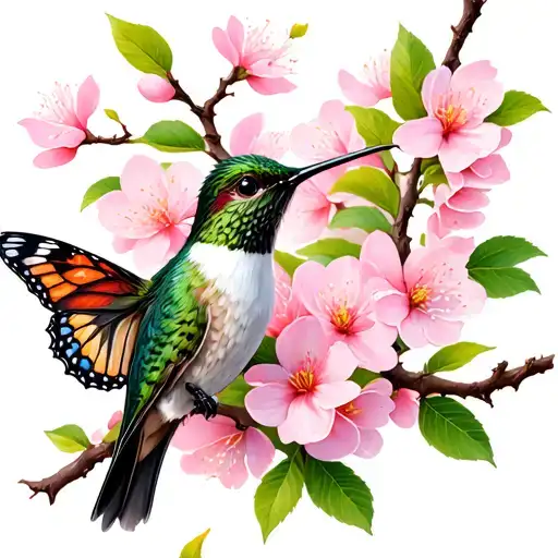 Cherry Blossom Flowers And Branches With Hummingbird On Branch And A Butterfly