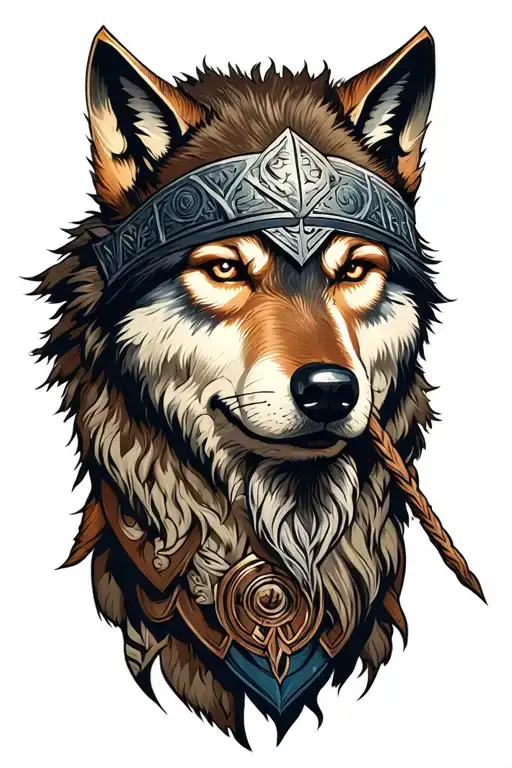 Nordic Mythology Tattoo Design Featuring Viking And Wolf