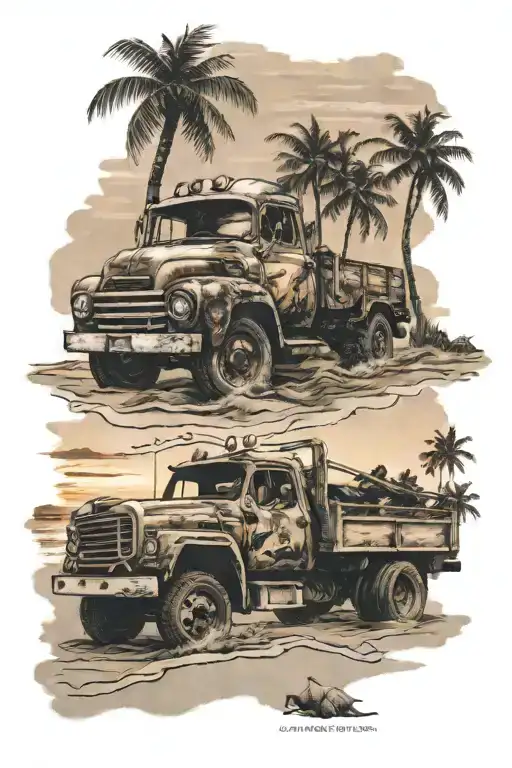 Truck On Beach With Sunset Scene