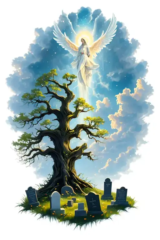 Graveyard Scene With A Tree Growing Out Reaching To The Heaven With Angels Graveyard At Bottom