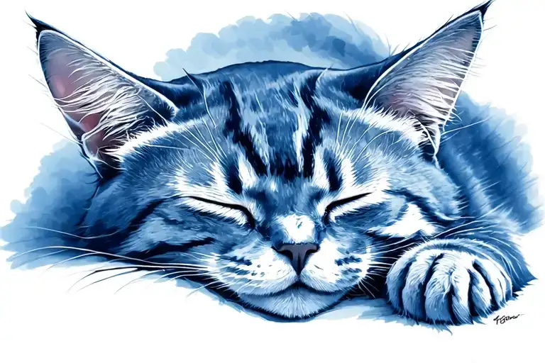 Blue Ink Tattoo Of A Sleeping Cat