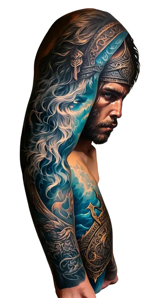Full Arm Sleeve Tattoo With Norse Mythology