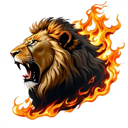 Lion Roaring Firece With Fire Flames